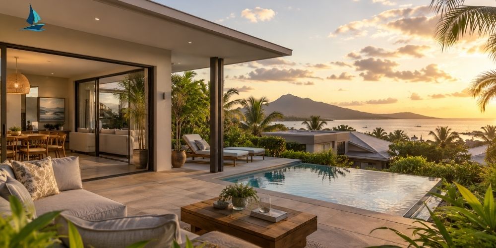 Villa de standing avec piscine et vue mer pour illustrer le coût de la vie et le fait de vivre à Maurice.